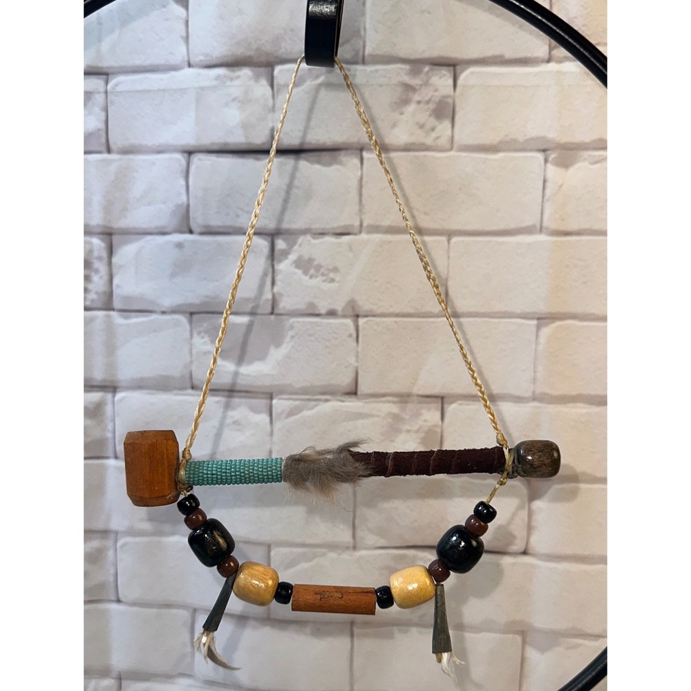 Handmade Decorative Peace Pipe Wall Hanging Turquoise Beads Leather Fur 7.5in